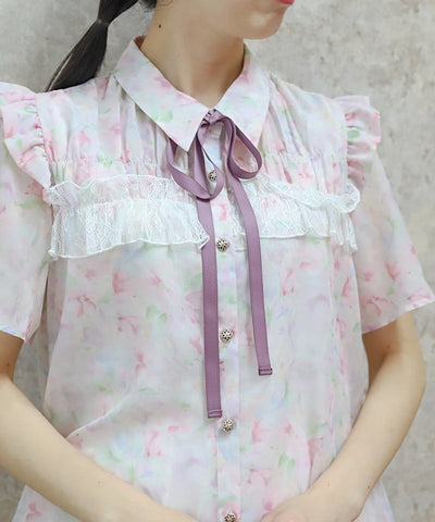 Floral Pattern Frill Sheer Blouse