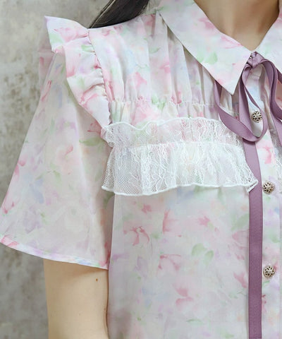 Floral Pattern Frill Sheer Blouse