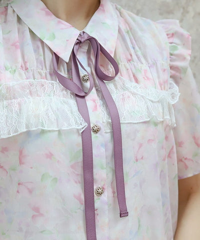 Floral Pattern Frill Sheer Blouse