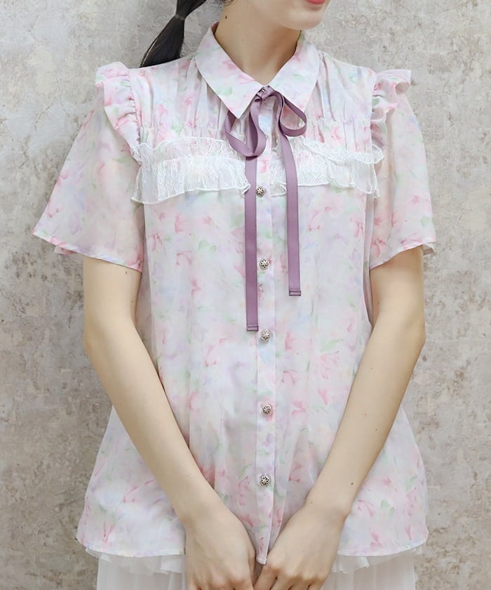 Floral Pattern Frill Sheer Blouse