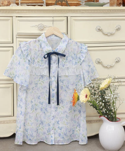 Floral Pattern Frill Sheer Blouse
