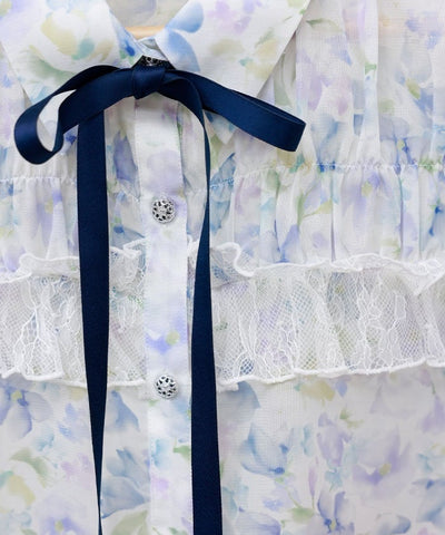 Floral Pattern Frill Sheer Blouse