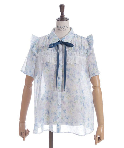 Floral Pattern Frill Sheer Blouse