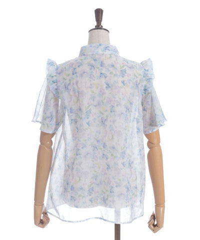 Floral Pattern Frill Sheer Blouse