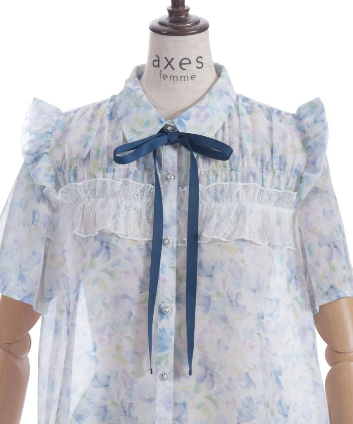 Floral Pattern Frill Sheer Blouse