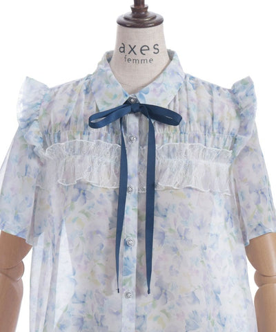 Floral Pattern Frill Sheer Blouse