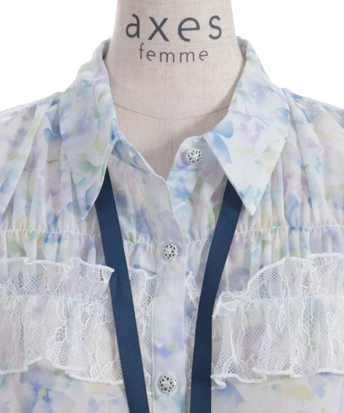 Floral Pattern Frill Sheer Blouse