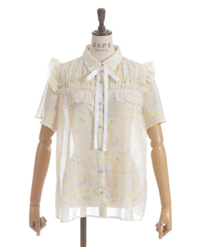 Floral Pattern Frill Sheer Blouse