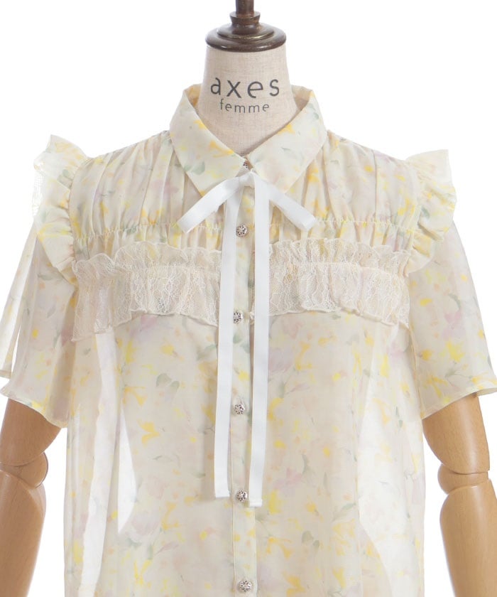 Floral Pattern Frill Sheer Blouse