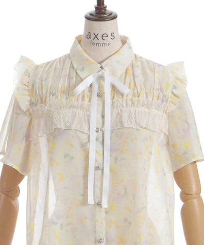 Floral Pattern Frill Sheer Blouse