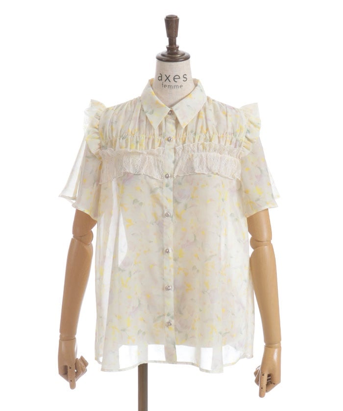 Floral Pattern Frill Sheer Blouse