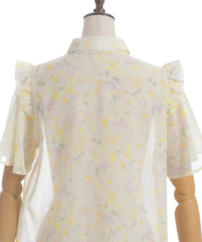 Floral Pattern Frill Sheer Blouse