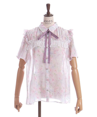 Floral Pattern Frill Sheer Blouse