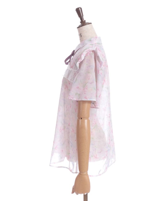Floral Pattern Frill Sheer Blouse