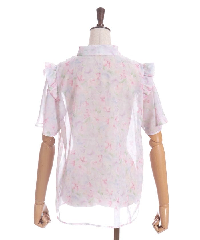 Floral Pattern Frill Sheer Blouse