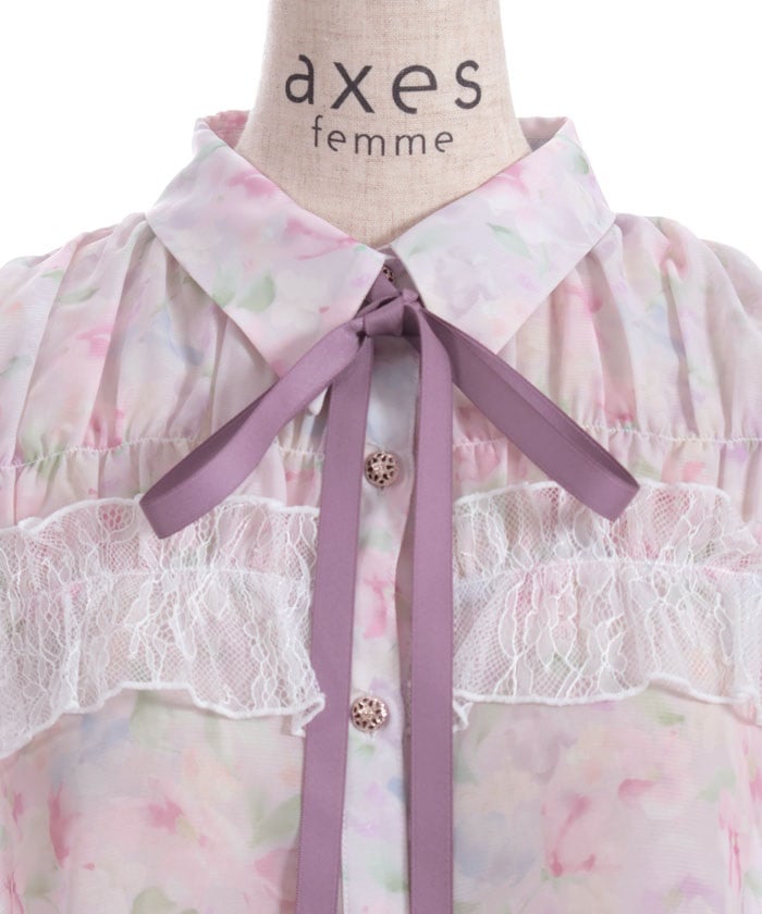 Floral Pattern Frill Sheer Blouse