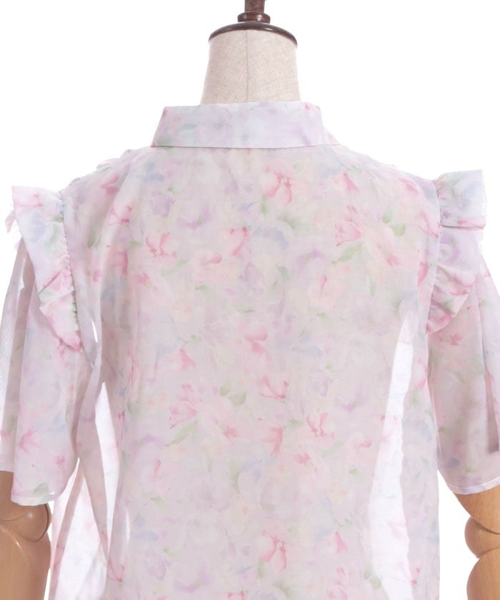Floral Pattern Frill Sheer Blouse