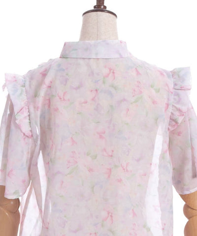 Floral Pattern Frill Sheer Blouse