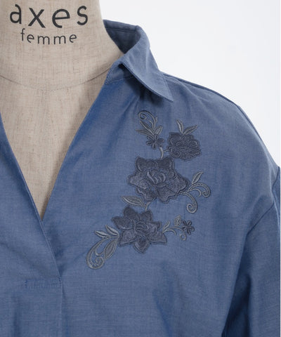 Flower Embroidery Skipper Shirt
