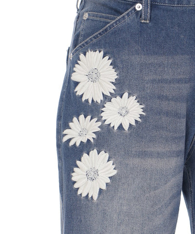 Gerbera Embroidery Hem Slit Denim Pants