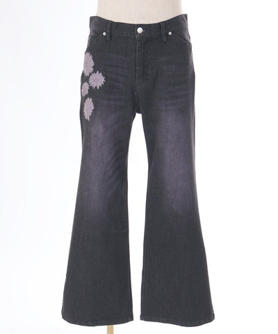 Gerbera Embroidery Hem Slit Denim Pants