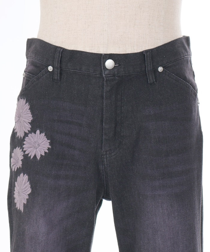 Gerbera Embroidery Hem Slit Denim Pants