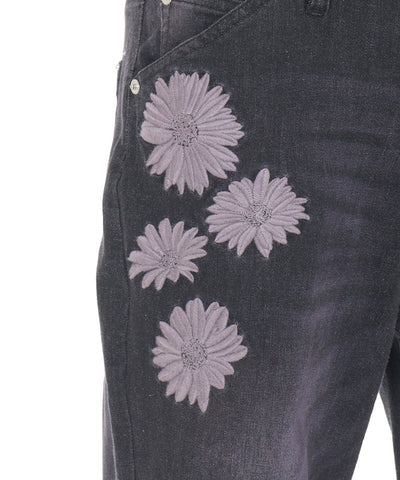 Gerbera Embroidery Hem Slit Denim Pants