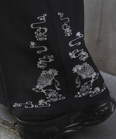 Lotus Embroidery Pleated Hakama Pants