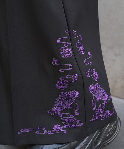 Lotus Embroidery Pleated Hakama Pants