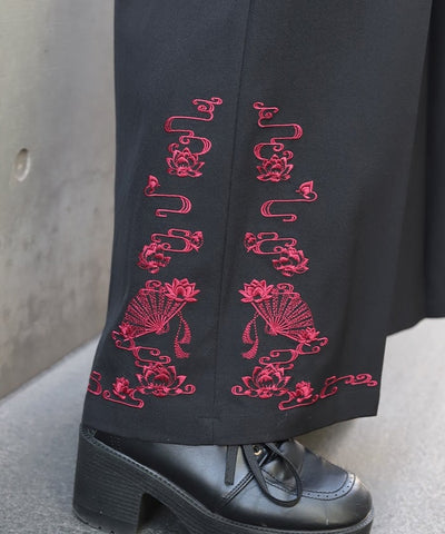 Lotus Embroidery Pleated Hakama Pants