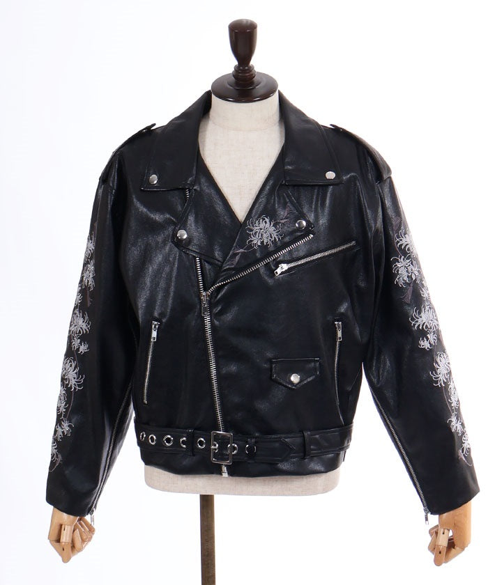 Higanbana Embroidery Faux Leather Rider Jacket – axes femme from JAPAN