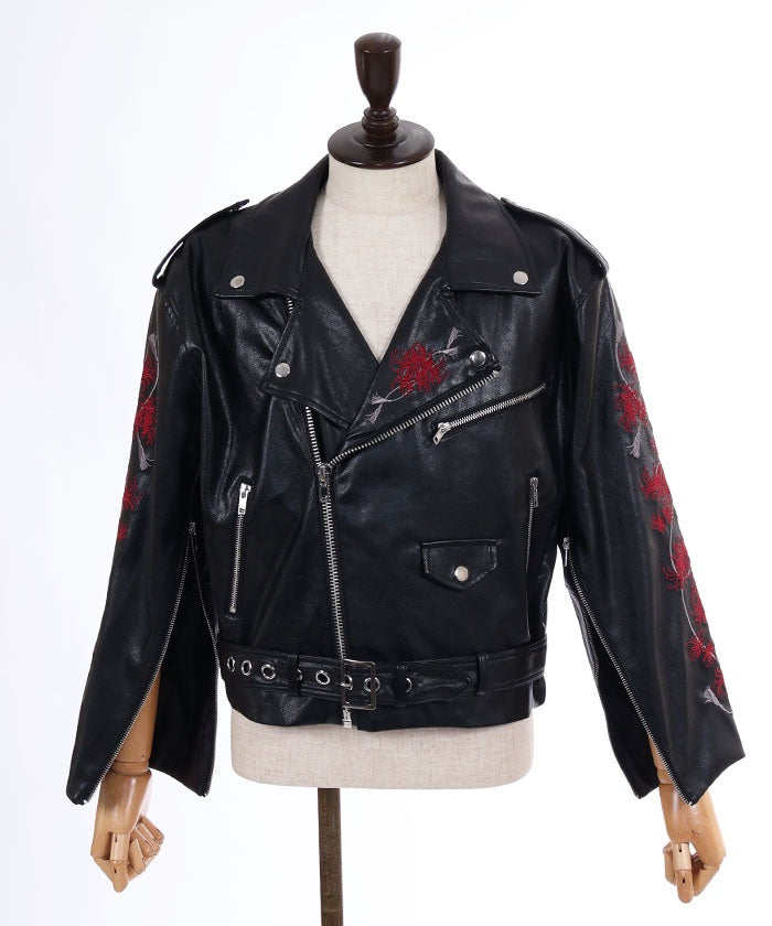 Higanbana Embroidery Faux Leather Rider Jacket – axes femme from JAPAN