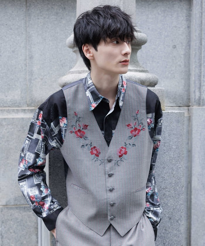 Rose Embroidery Herringbone Vest – axes femme from JAPAN