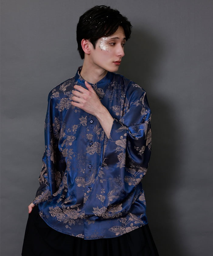 Crane & Folding Fan Jacquard Japanese Sleeve Shirt