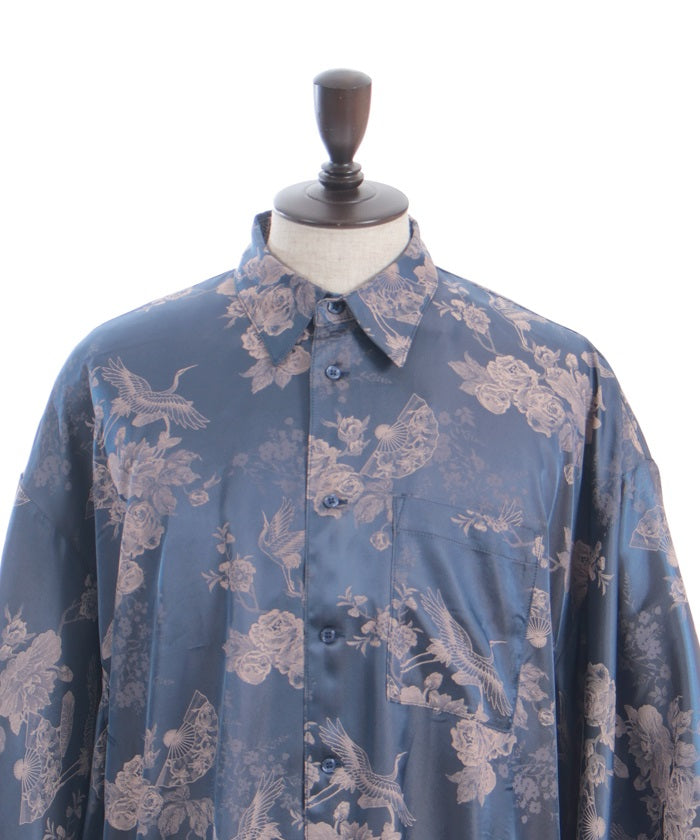 Crane & Folding Fan Jacquard Japanese Sleeve Shirt