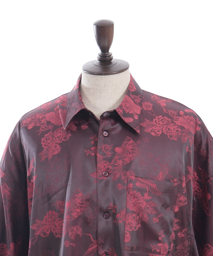 Crane & Folding Fan Jacquard Japanese Sleeve Shirt