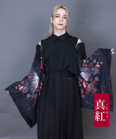 Autumn Leaves & Folding Fan Japanese Sleeve Shirt with Zip