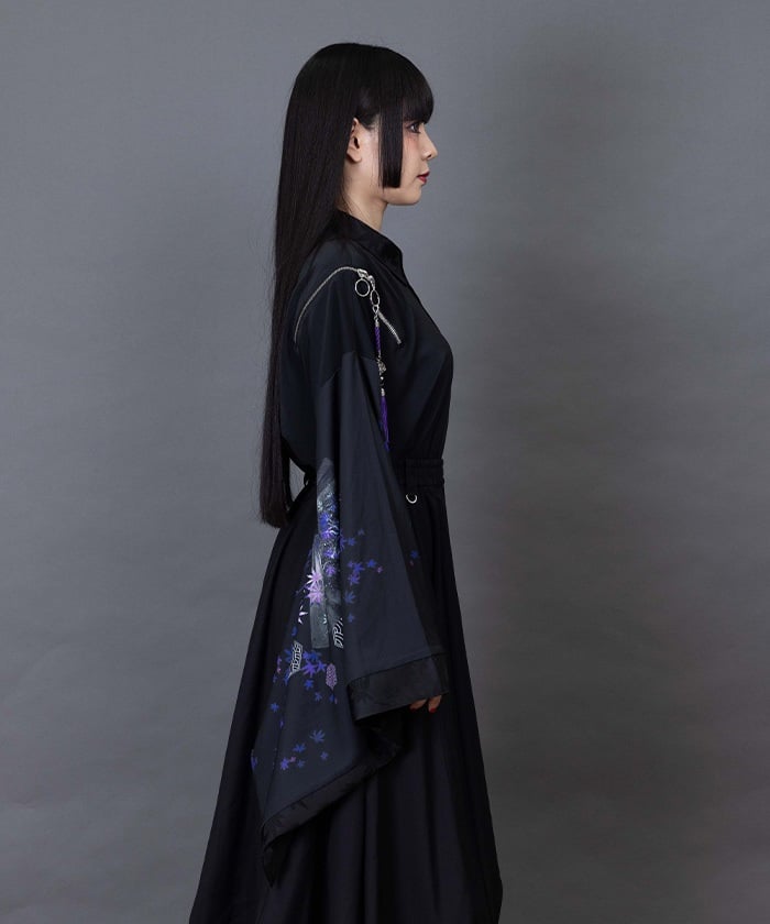 Autumn Leaves & Folding Fan Japanese Sleeve Shirt with Zip