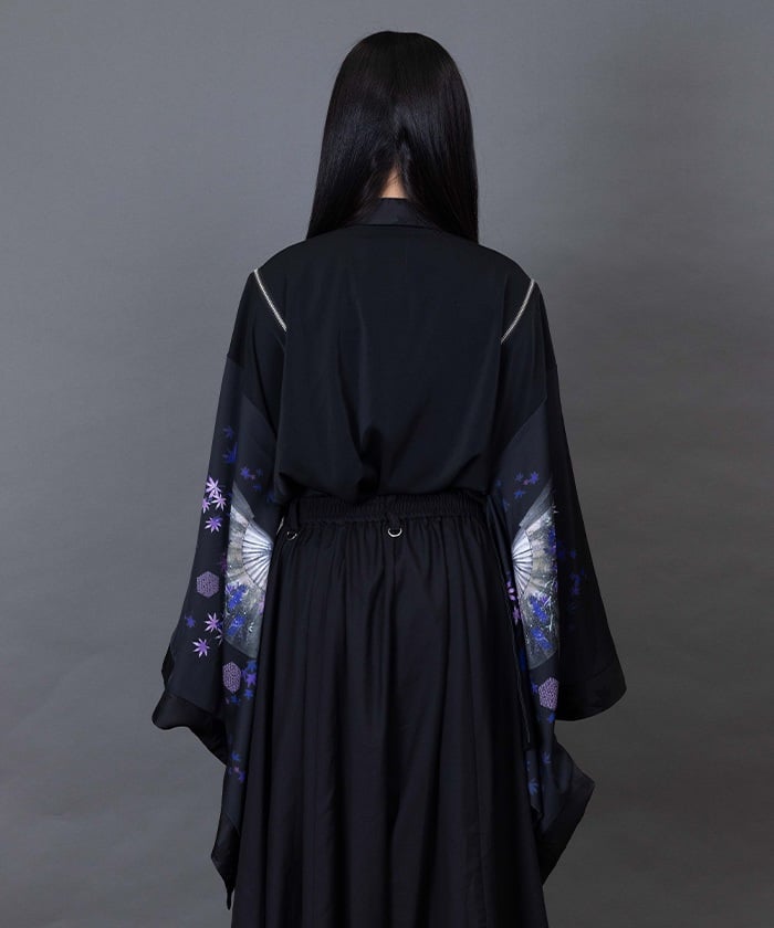 Autumn Leaves & Folding Fan Japanese Sleeve Shirt with Zip