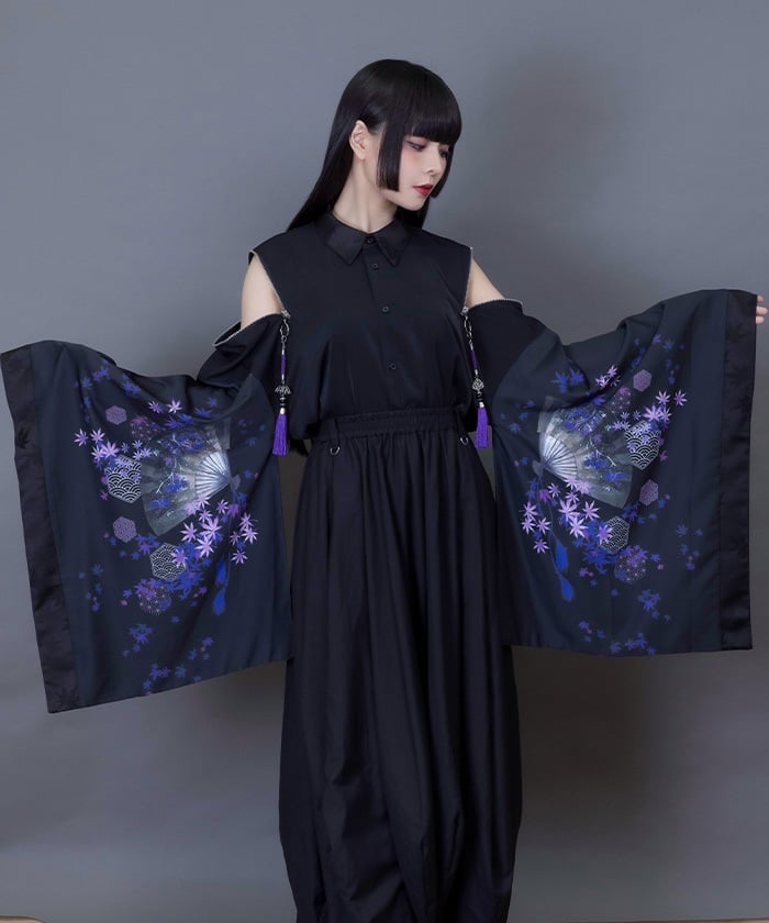Autumn Leaves & Folding Fan Japanese Sleeve Shirt with Zip
