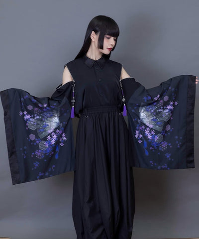 Autumn Leaves & Folding Fan Japanese Sleeve Shirt with Zip