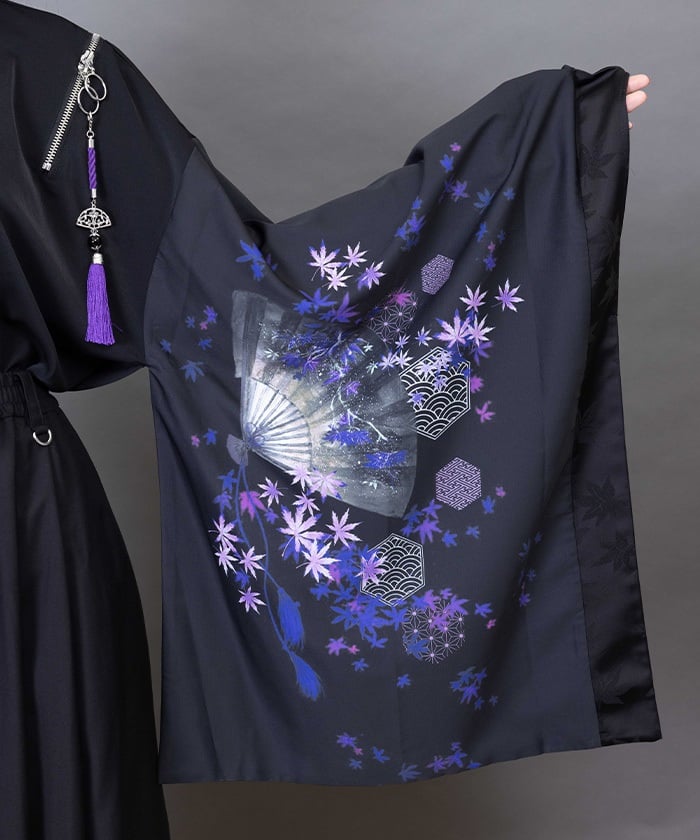 Autumn Leaves & Folding Fan Japanese Sleeve Shirt with Zip