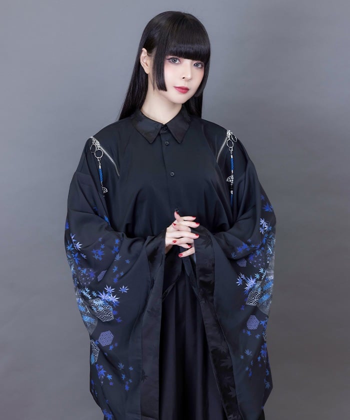 Autumn Leaves & Folding Fan Japanese Sleeve Shirt with Zip