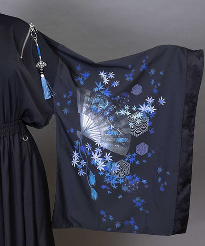 Autumn Leaves & Folding Fan Japanese Sleeve Shirt with Zip