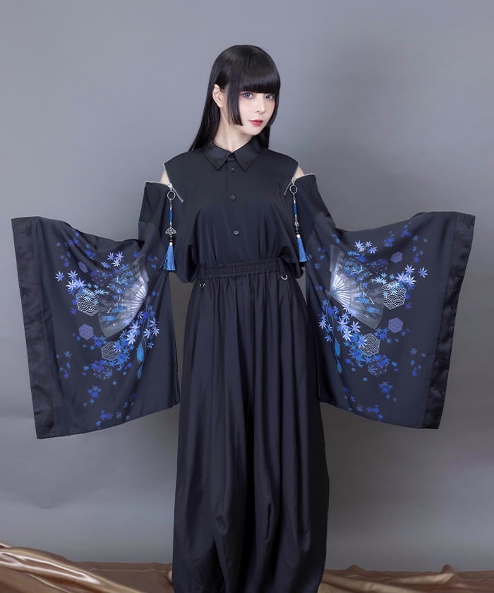 Autumn Leaves & Folding Fan Japanese Sleeve Shirt with Zip