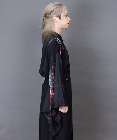 Autumn Leaves & Folding Fan Japanese Sleeve Shirt with Zip