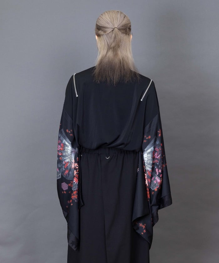 Autumn Leaves & Folding Fan Japanese Sleeve Shirt with Zip