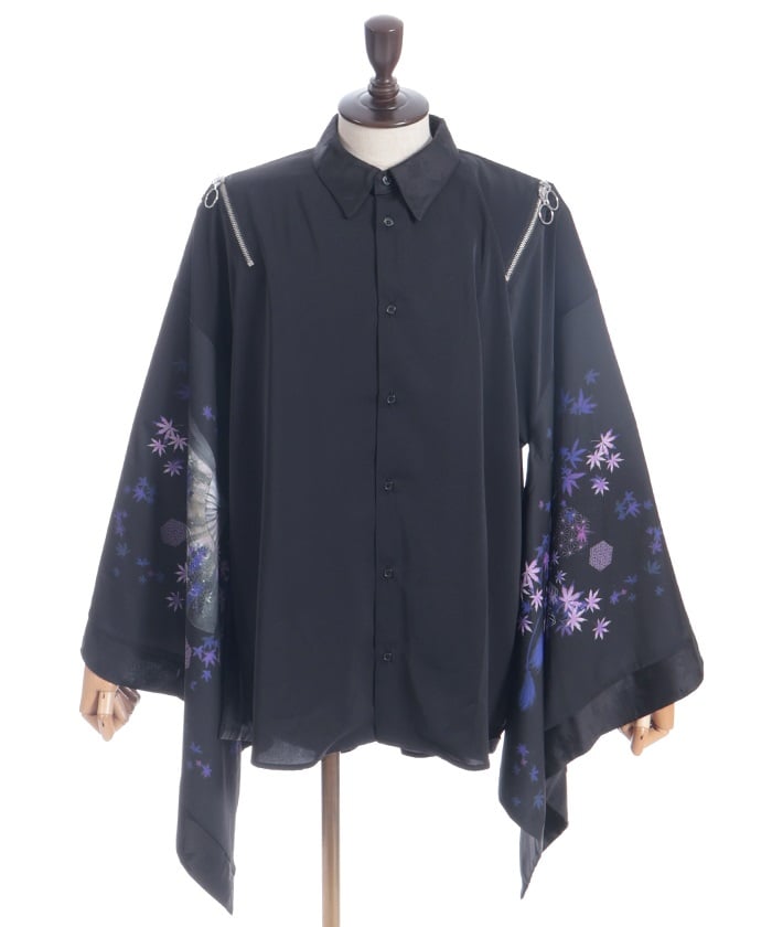 Autumn Leaves & Folding Fan Japanese Sleeve Shirt with Zip