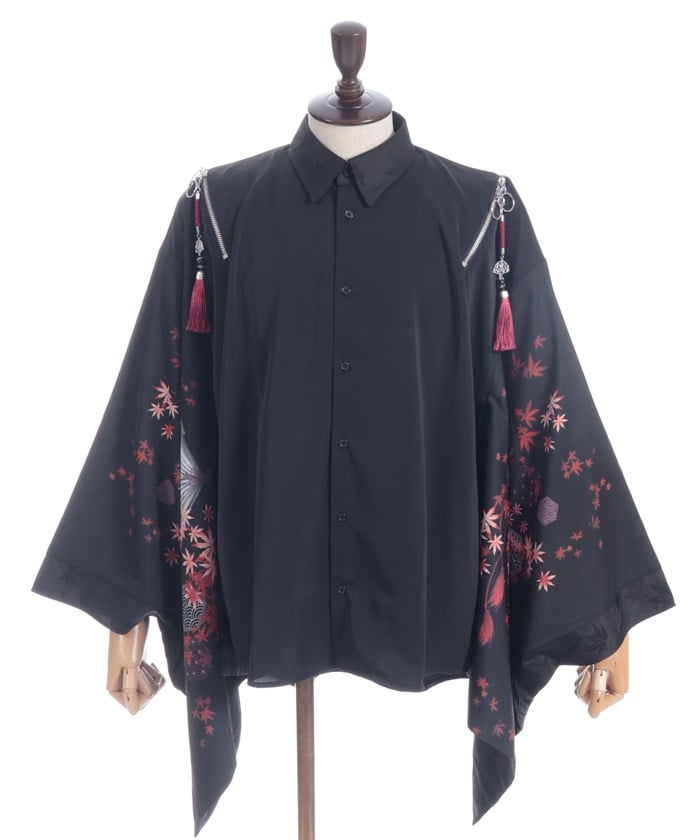 Autumn Leaves & Folding Fan Japanese Sleeve Shirt with Zip