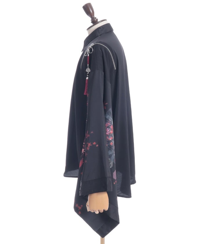 Autumn Leaves & Folding Fan Japanese Sleeve Shirt with Zip